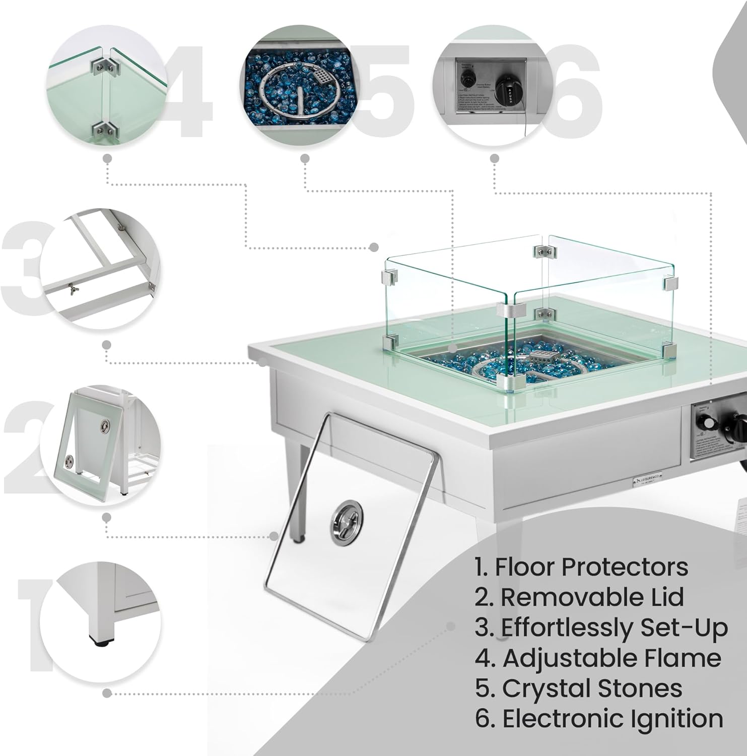 LeisureMod Walbrooke Modern Square Fire Pit Table and Tank Holder with Powder Coated Aluminum for Patio and Backyard Garden, White