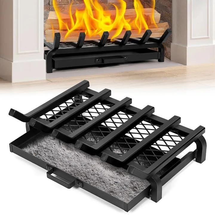 Fireplace Grate 20 Inch- Wood Stove Fireplace Log Grates with Ember & Ash Trays Pan, Heavy Duty Wrought Cast Iron Rack Holder Pit for Indoor Outdoor Chimney Hearth