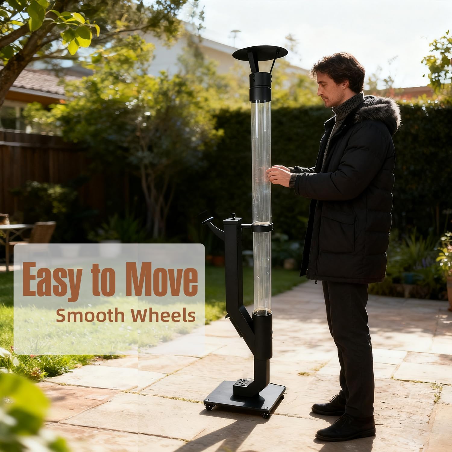 Smokeless Wood Pellet Patio Heater with Rain Cap, 64 Inch Spiral Flame Fire Pit for Outdoor/Garden/Backyard, Anti-Tip Steel Base & Adjustable Feet, 2+ Hrs Burn & Removable Ash Pan with Wheel