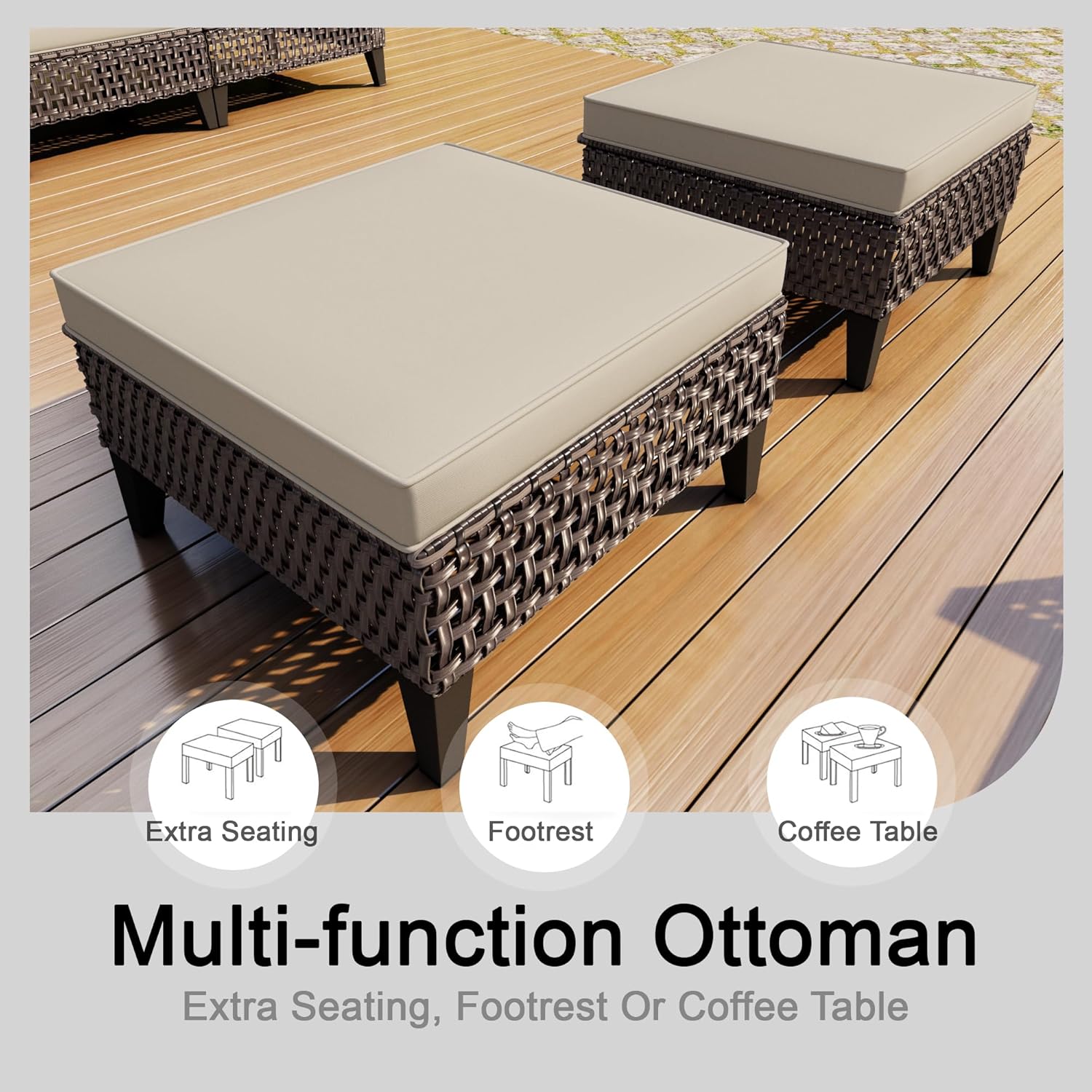 15 Pieces Outdoor Furniture Set, Modern Patio Conversation Sets with Fire Pit Table and Armchairs, Wicker Rattan Sofa Couches Chairs Ottomans for Porch, Deck, Balcony, Backyard, Yard (Beige Cushions)