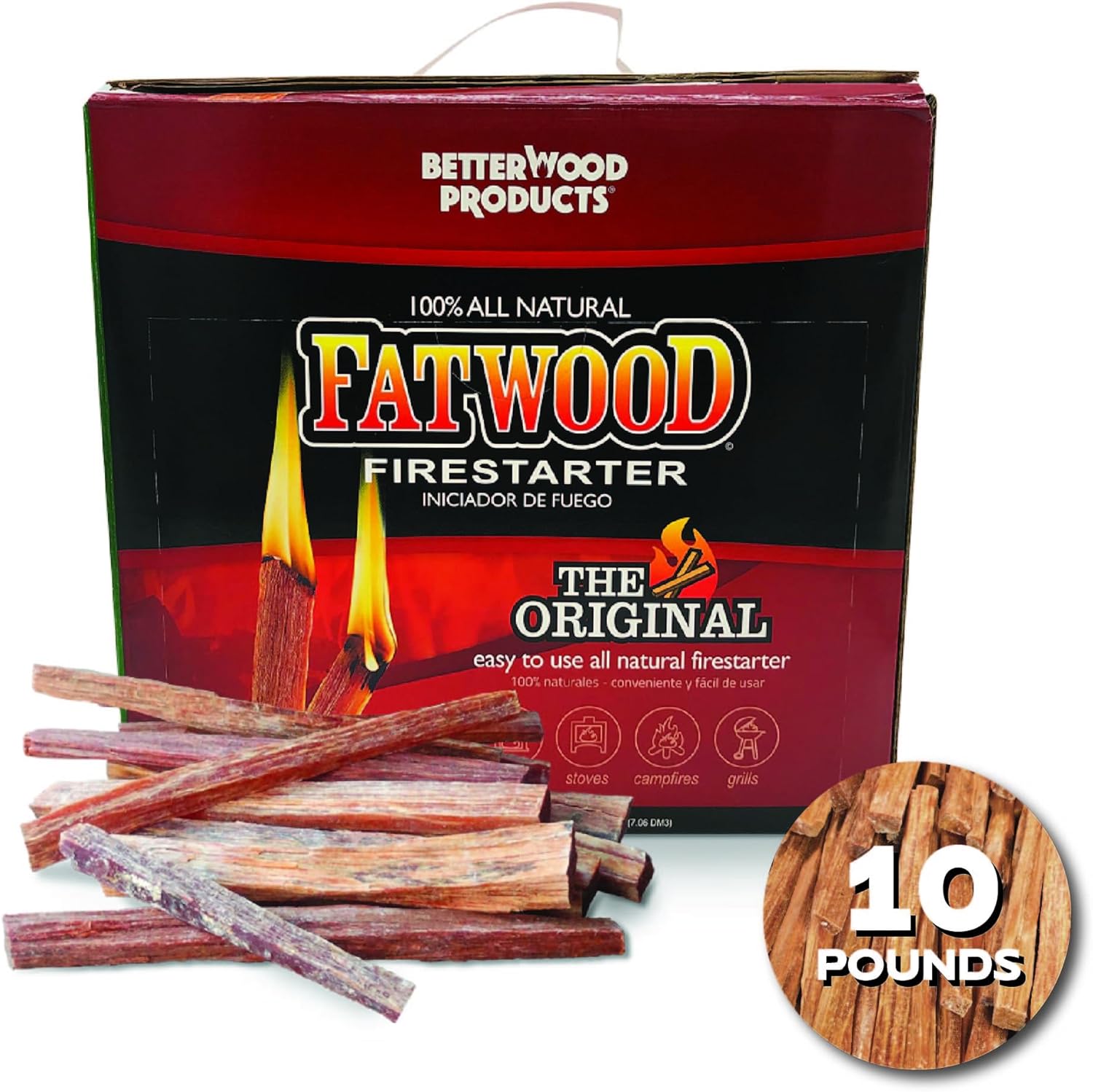Betterwood 10lb Fatwood Natural Pine Firestarter (4 Pack) for Campfire, BBQ, or Pellet Stove; Non-Toxic and Water Resistant
