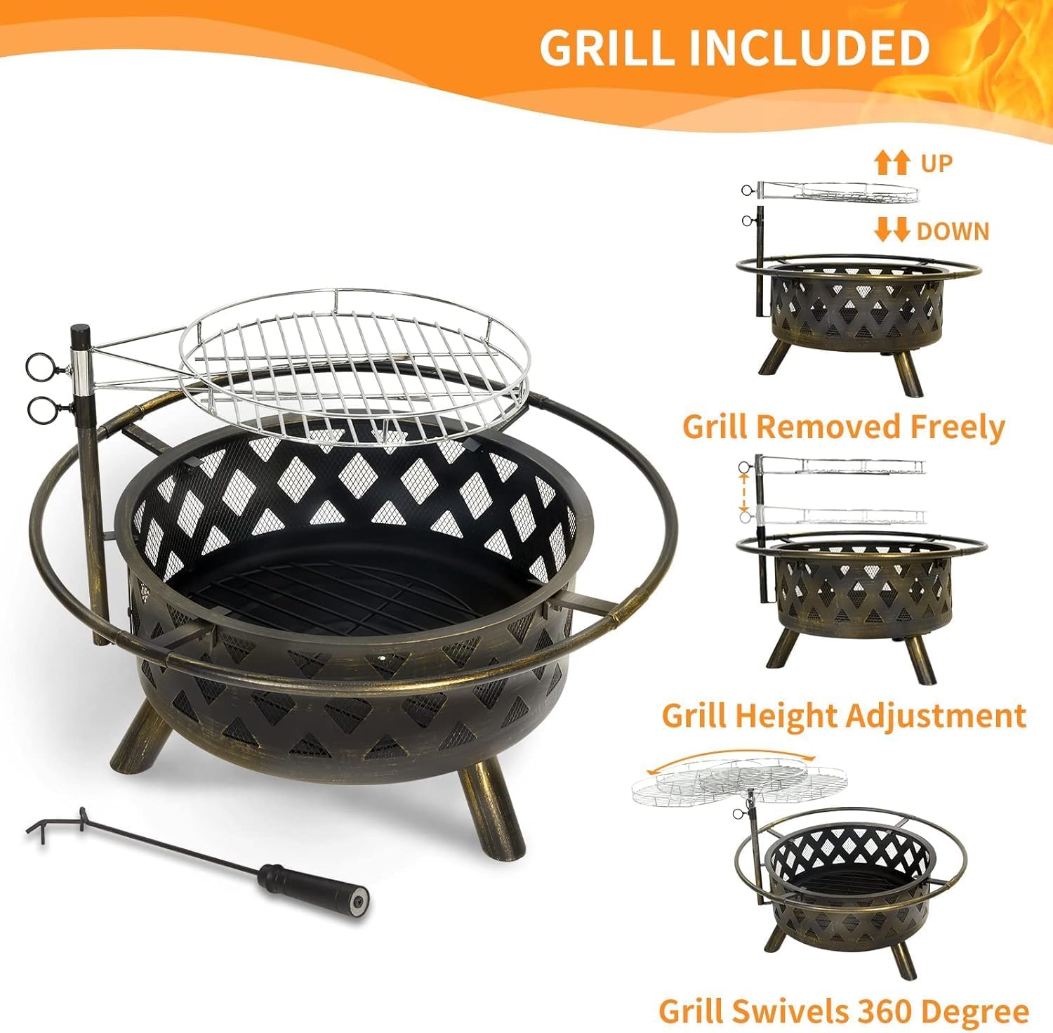 30 Inch Outdoor Fire Pit with Spark Screen & Cooking Grate - Large Round Steel Firepits for Patio, Backyard & Garden - Includes Poker for Wood Burning & Camping Use