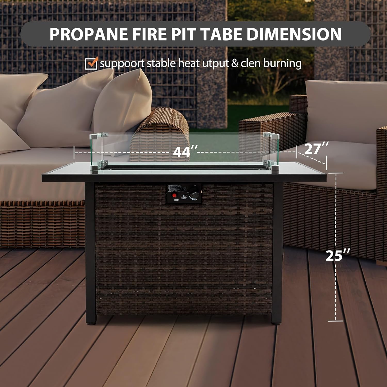 Outdoor Fire Pit 50,000 BTU Propane Gas Fire Table with Lid Fireplace Glass Wind Guard Wicker Base for Garden Patio Backyard