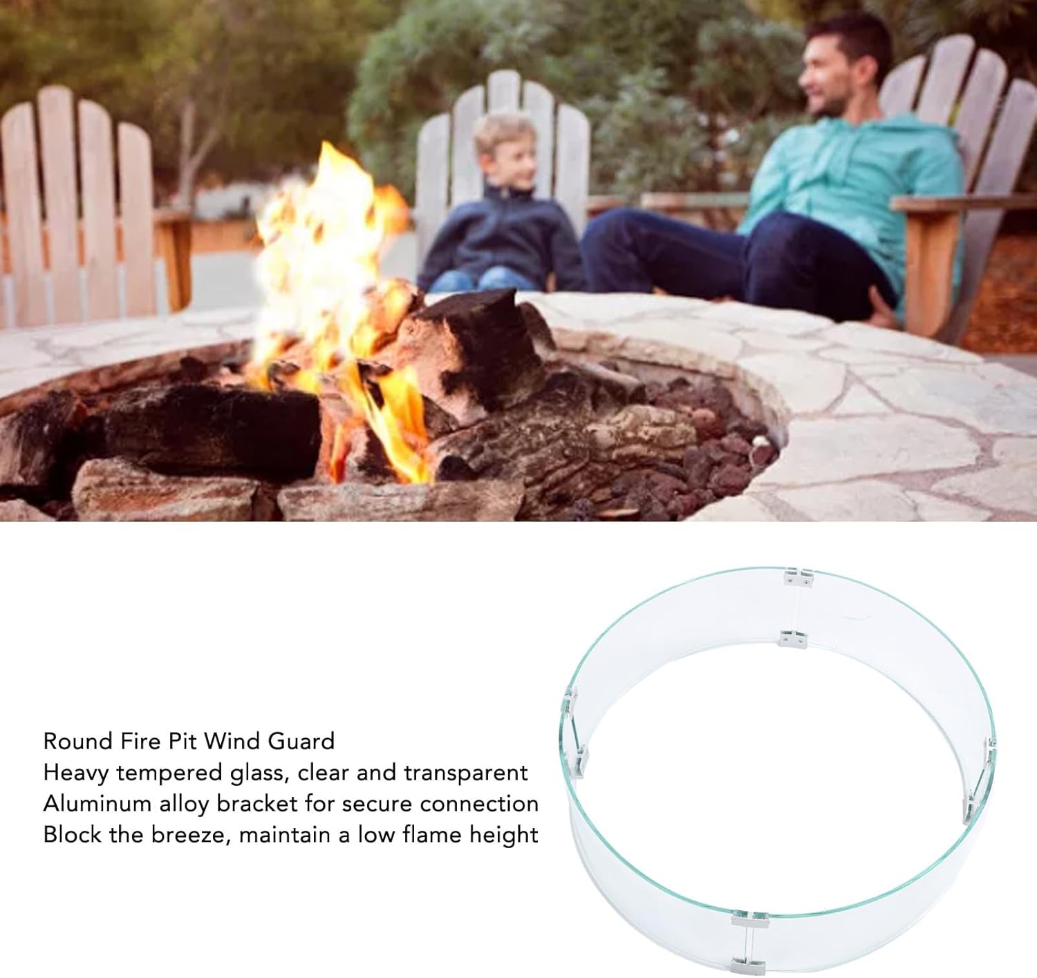 GOTOTOP Fire Pit Guard Round Tempered Glass Flame Windscreen, Clear Round Fire Pit Wind Guard 650mm Diameter 6mm Thickness, 4 Panels with 12 Clips