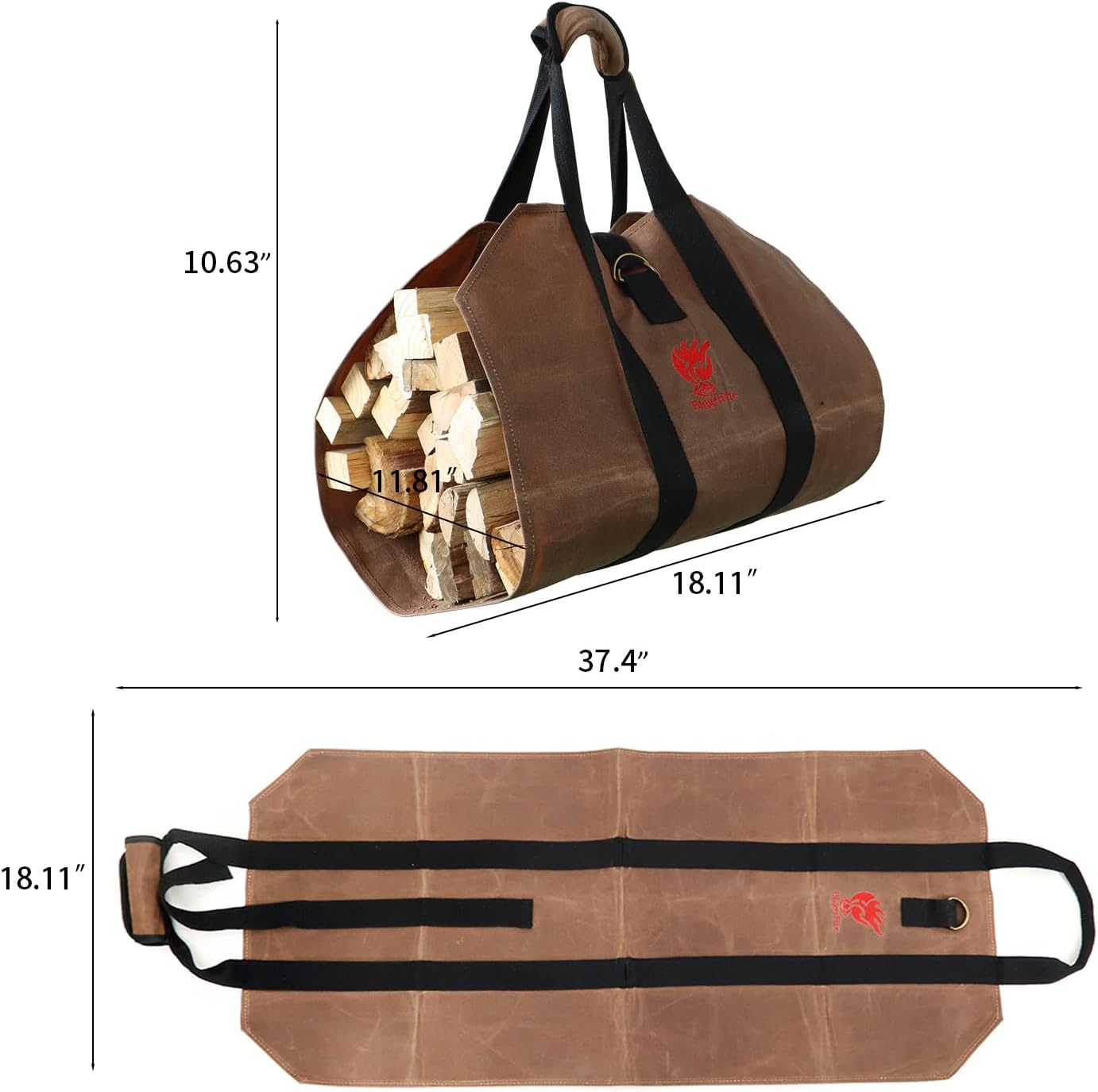 Foldable Portable Fire Pit,Stainless Steel Fire Pits with Charcoal Grill Net and Storage Bag and Firewood Carrier Bag 38x18 Inches Waxed Canvas Log Carrier Tote