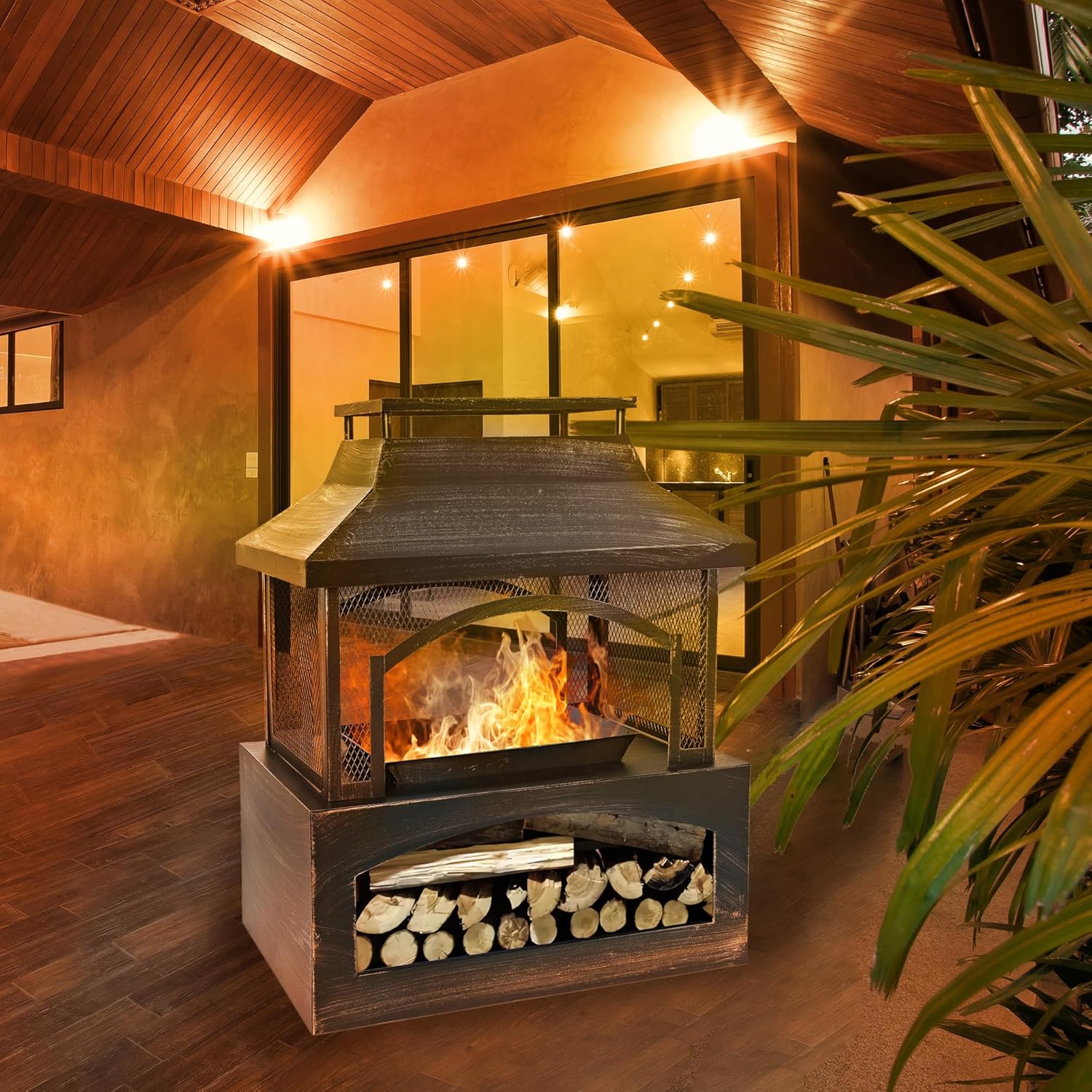 37-Inch Rectangular Metal Outdoor Wood Burning Fireplace - Outdoor Fireplace with Built-in Log Storage and Poker-Brushed Bronze,Log Burner Fire Pit for Patio Garden and Backyard