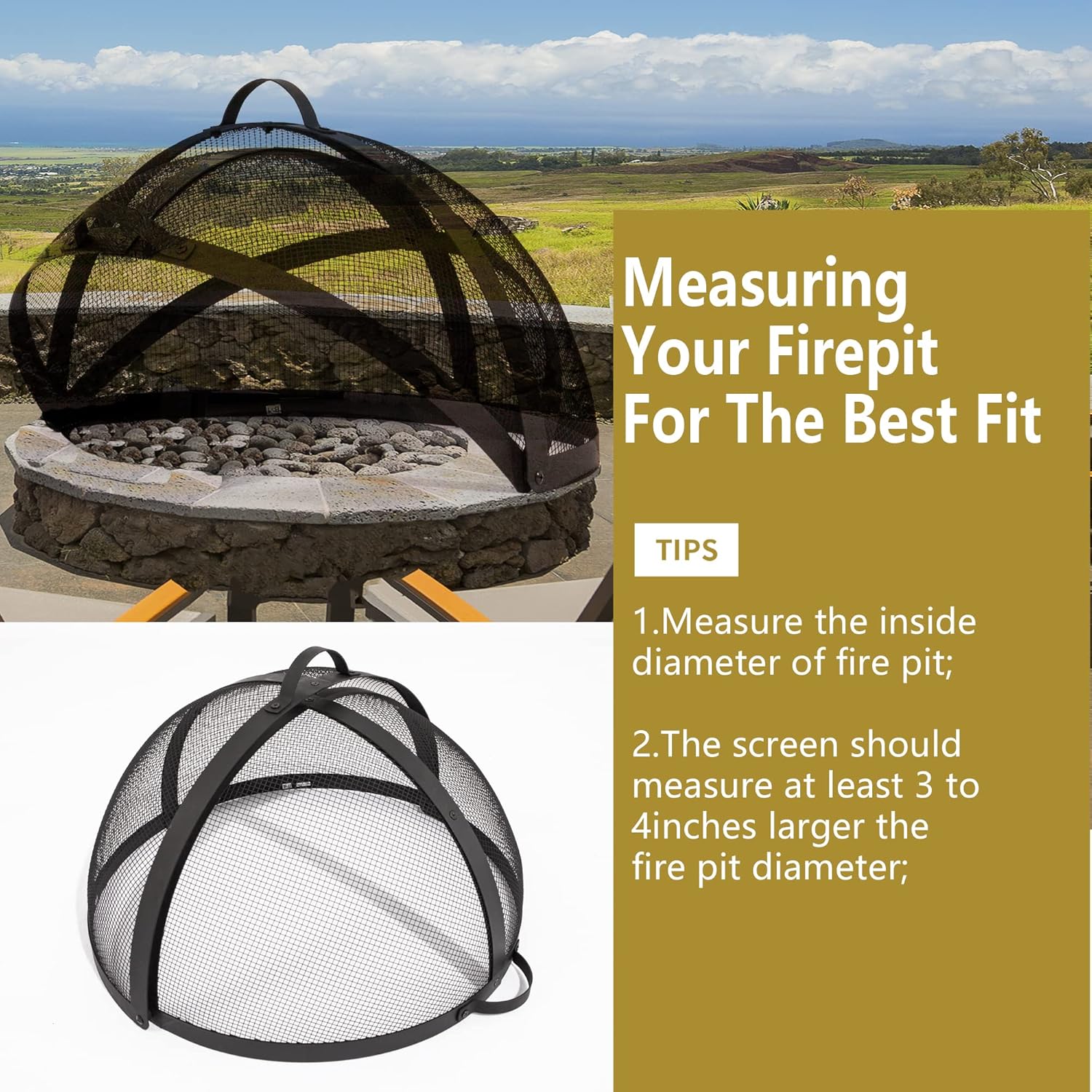 40In Round Fire Pit Spark Screen Cover, Outdoor Patio Easy-Opening Fire Pits Mesh Screen, Heavy Duty Steel Firepit Ember Lid with Hinge