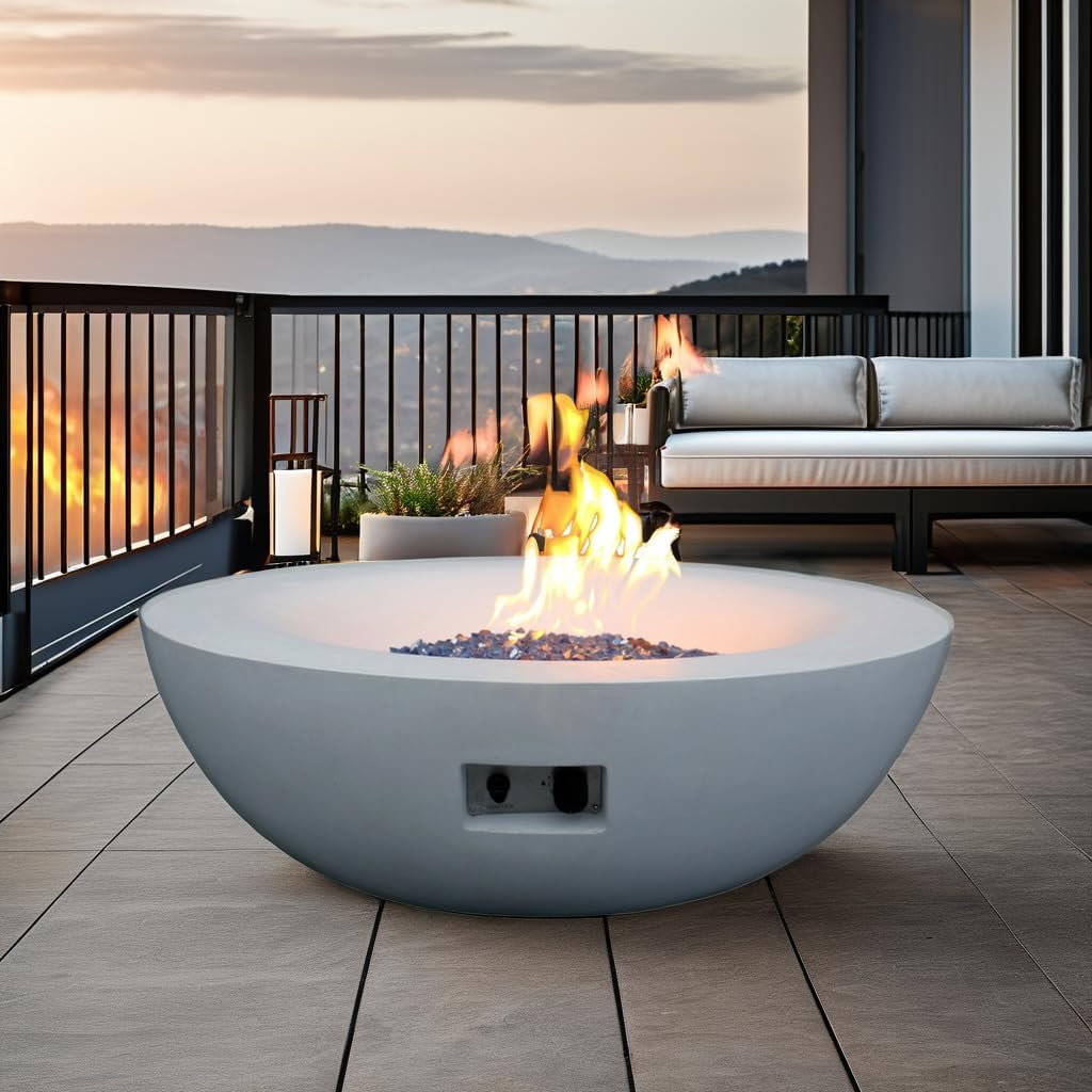 42 Inch Outdoor Concrete Propane Gas Fire Pit Bowl in Antique White Color