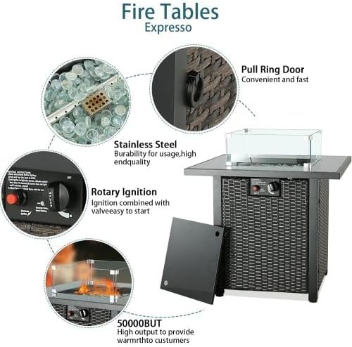 28'' Propane Fire Pit Table, Rattan & Wicker-Look, 50000 BTU Gas Firepits Tempered Glass Tabletop for Outside Patio and Garden,Yard(Brown)