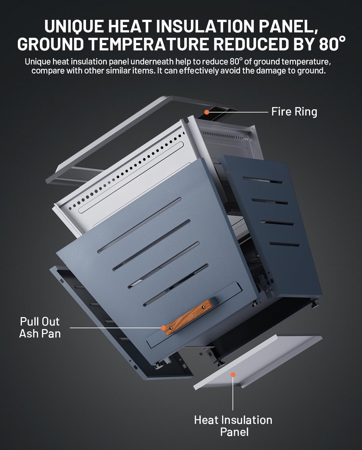 Hexago Modern 25 Inch Smokeless Fire Pit, Stainless Steel Outdoor Fireplace with Pull-Out Ash Tray, Portable Wood Burning Fire Pit with Carry Handles for Patio, Haze Blue
