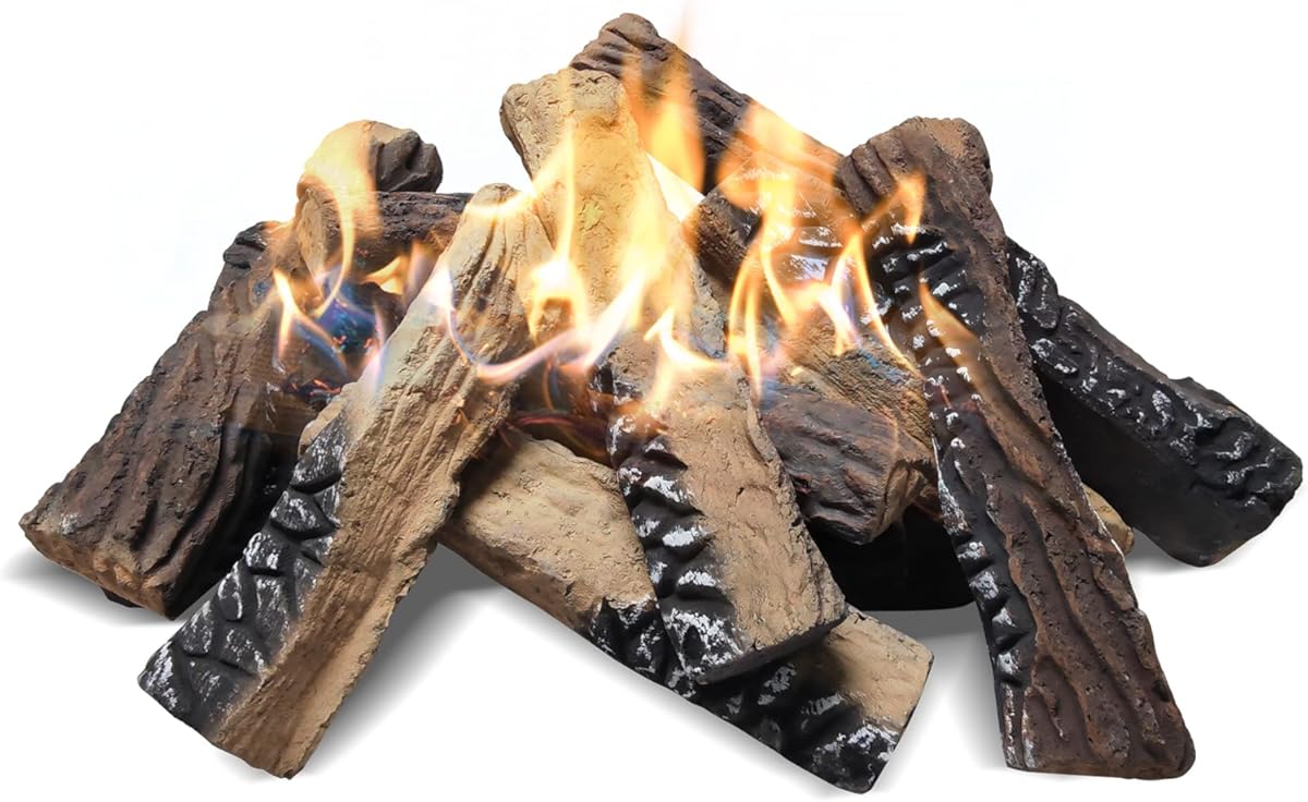 Skypatio 10-Piece Gas Fireplace Logs Set, Heat Resistant Realistic Ceramic Wood Logs for Indoor or Outdoor Fireplace, Fire Pit Decor, Lightweight & Portable