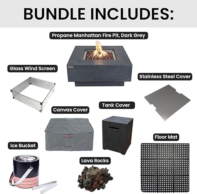 Elementi Manhattan Fire Pit Bundle Outdoor Firepit Set Includes 36” Dark Grey Propane Concrete Firepit Table, Glass Windscreen, Stainless Steel Cover, Canvas Cover, Floor Mat, Ice Bucket