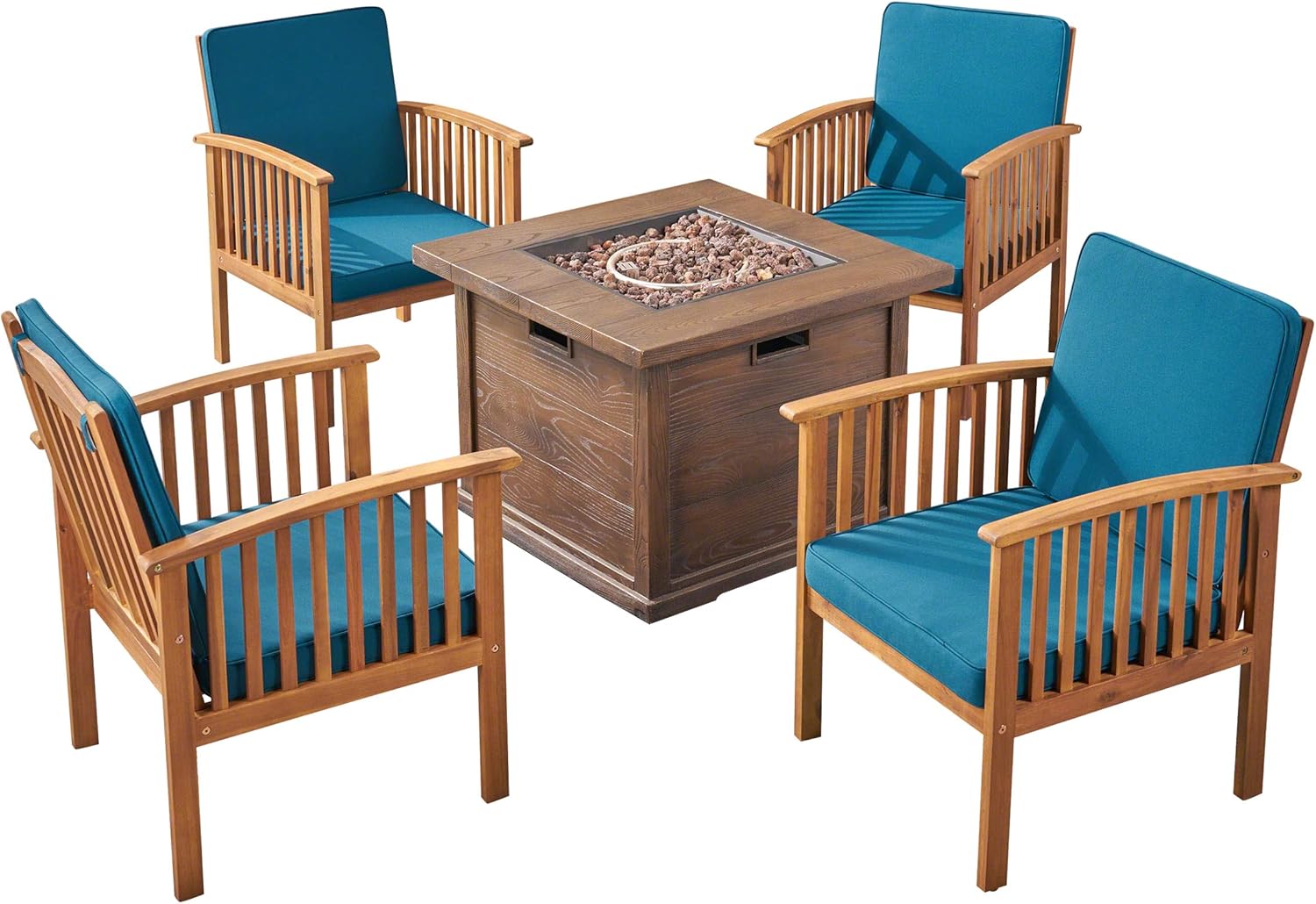 GDFStudio Outdoor 4-Seater Acacia Wood Club Chairs with Firepit, Brown Patina Finish and Dark Teal and Wood Pattern