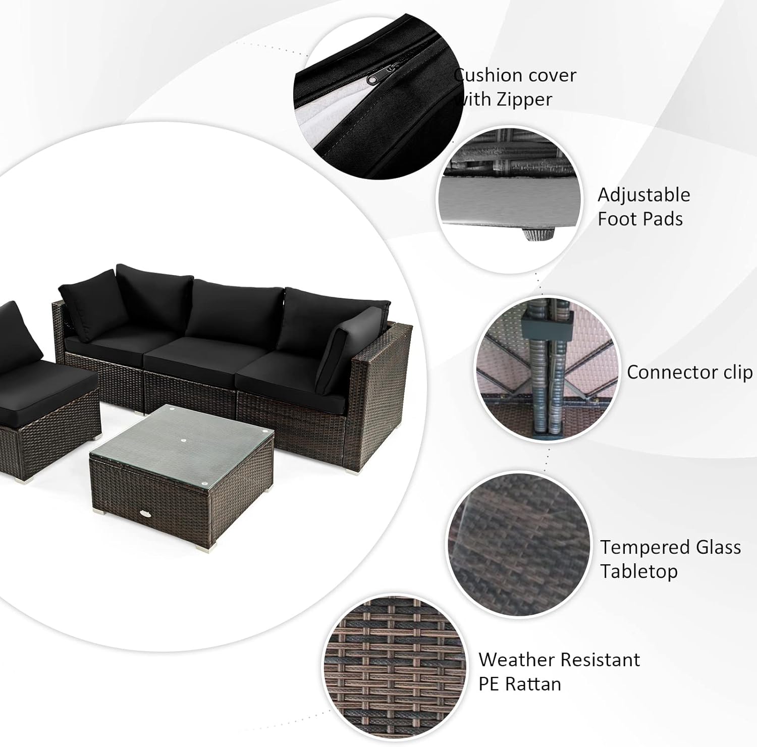 COSTWAY 6 Piece Patio Furniture Set with 30'' Fire Pit Table, Outdoor Wicker Rattan Sectional Conversation Set with 4'' Thickened Cushions, Armless Sofa and Side Coffee Table (Black)