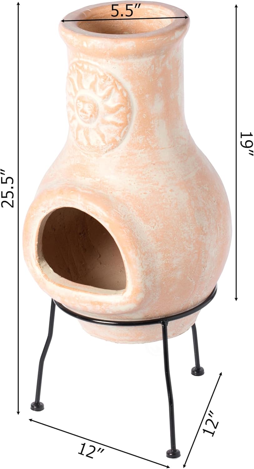 Vintiquewise Beige Outdoor Clay chiminea Outdoor Fireplace Sun Design Charcoal Burning Fire Pit with Sturdy Metal Stand, Barbecue, Cocktail Party, Family Gathering, Cozy Nights Fire Pit