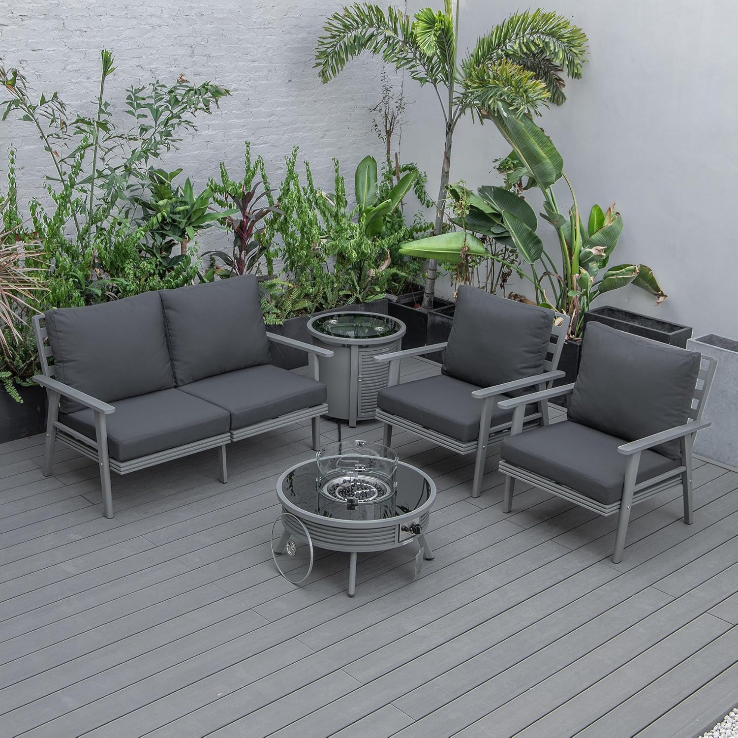 LeisureMod Walbrooke Modern Aluminum 5-Piece Patio Conversation Set with Outdoor Round Fire Pit Slats Design & Side Table Tank Holder, Charcoal