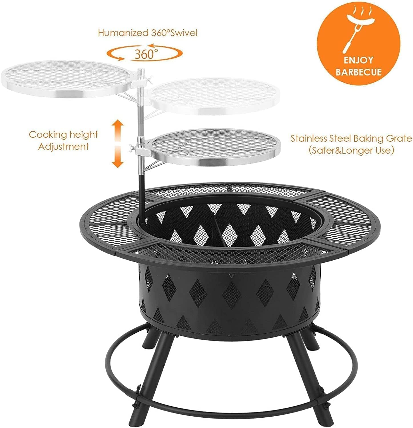 Garden Fire Pit Outdoor Patio BBQ Fire Pit Wood Burning Firepits Metal Firepit Backyard Square Stove Outdoor Fire Pit with Cooking Grill Barbecue Rack