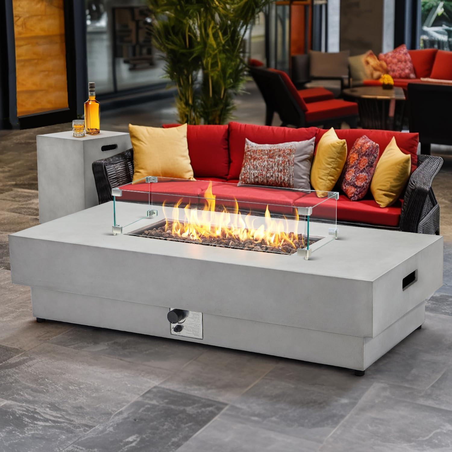 60 Inch Outdoor Propane Fire Pit Table w/Tank Cover Table Wind Guard, Natural Gas Firepit Table for Outside Patio, 50,000 BTU Rectangular Concrete Fire Table
