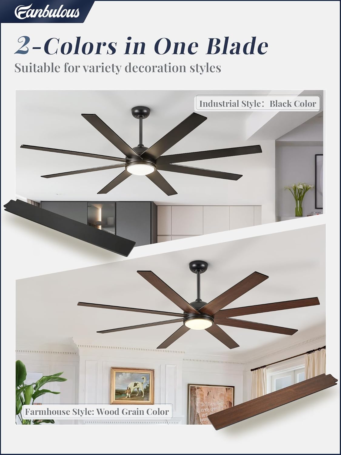 Fanbulous 65 Inch Ceiling Fans with Lights and Remote, Black Indoor/Outdoor Ceiling Fan with Quiet Reversible DC Motor, 6 Speeds, 3CCT, 8 Blades Large Ceiling Fan for Living Room Bedroom Patio