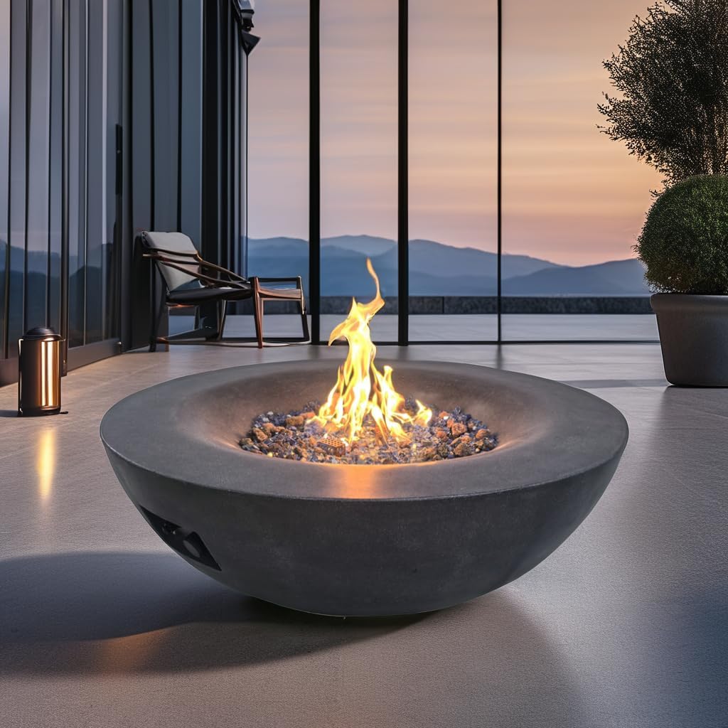 42 Inch Outdoor Propane Fire Pit Table, Concrete Gas Fire Pit Bowl in Ash Black, Portable Round Firepit for Patio, Garden, Backyard, High Efficiency Heating