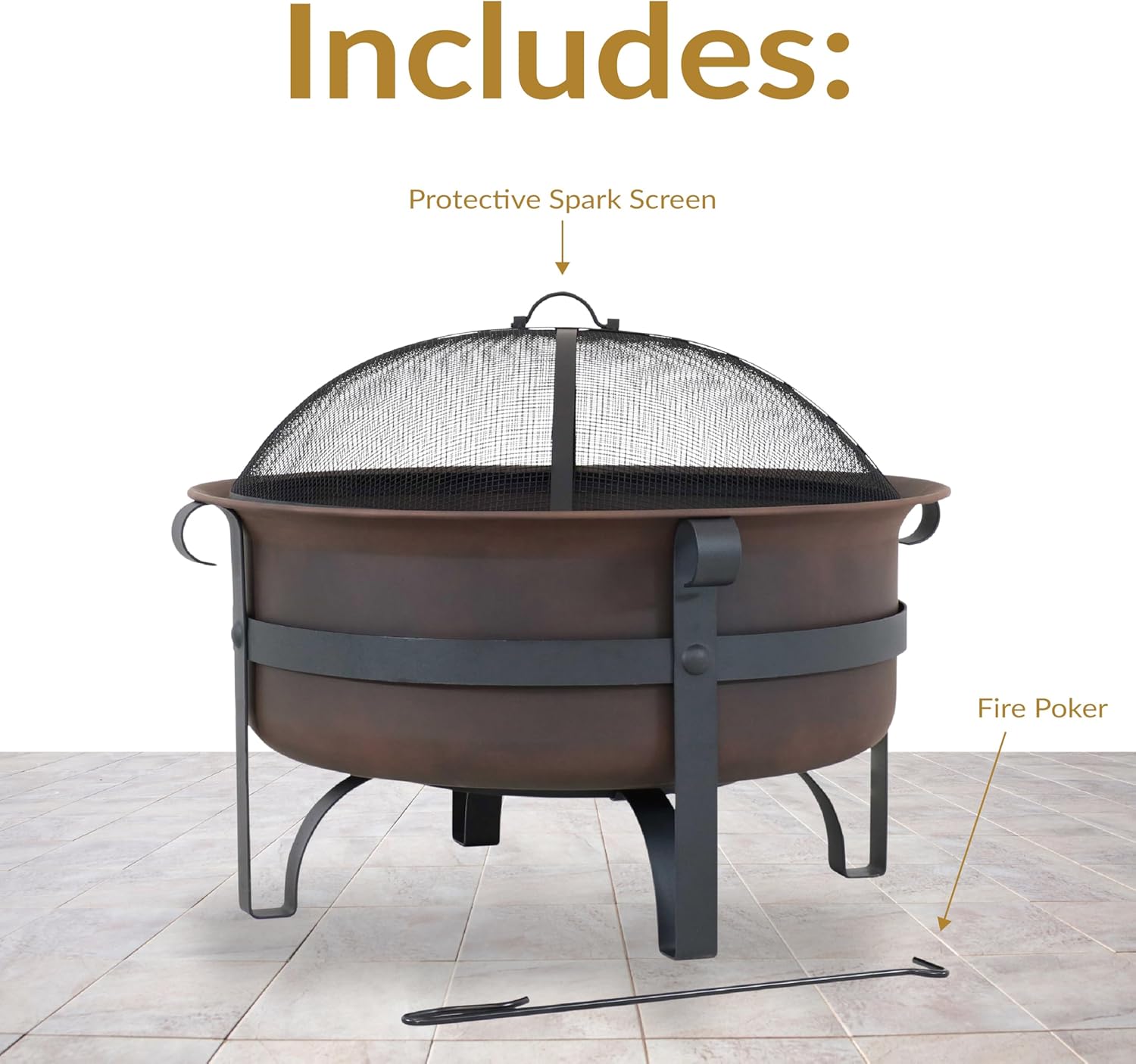 Sunnydaze 29-Inch Wood-Burning Outdoor Fire Pit - Bronze Cauldron Wood Fire Pit for Outside - Includes Poker and Spark Screen