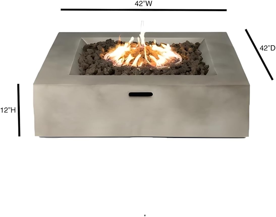 Penau 12 Inch Concrete Outdoor Fire Pit Table - Modern Design, Reinforced Construction, Handcrafted Finish, Propane and Natural Gas Compatible, 34 Inch x 34 Inch x 12 Inch