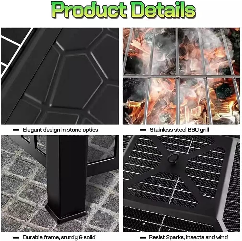 32Inch Outdoor Fire Pit Table, Wood Burning Firepit with Waterproof Cover,Spark Screen and Grill, Metal Square Firepits Grill and Grate for Garden,Patio,Yard and Camping