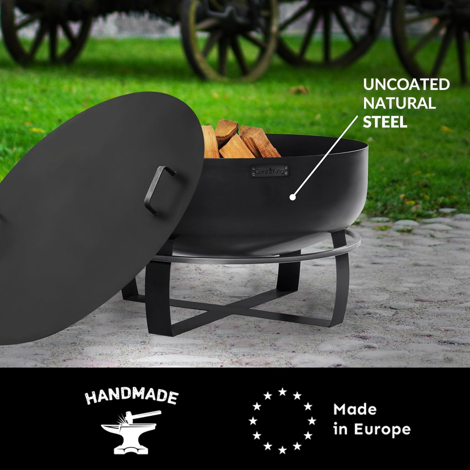 Ignition XXL Extra Large Handcrafted Fire Pit with Black Cover Lid and Wood Burning Fireplace for Backyard Bonfire Campfire for Outside, Extra Large Depth Outdoor 32