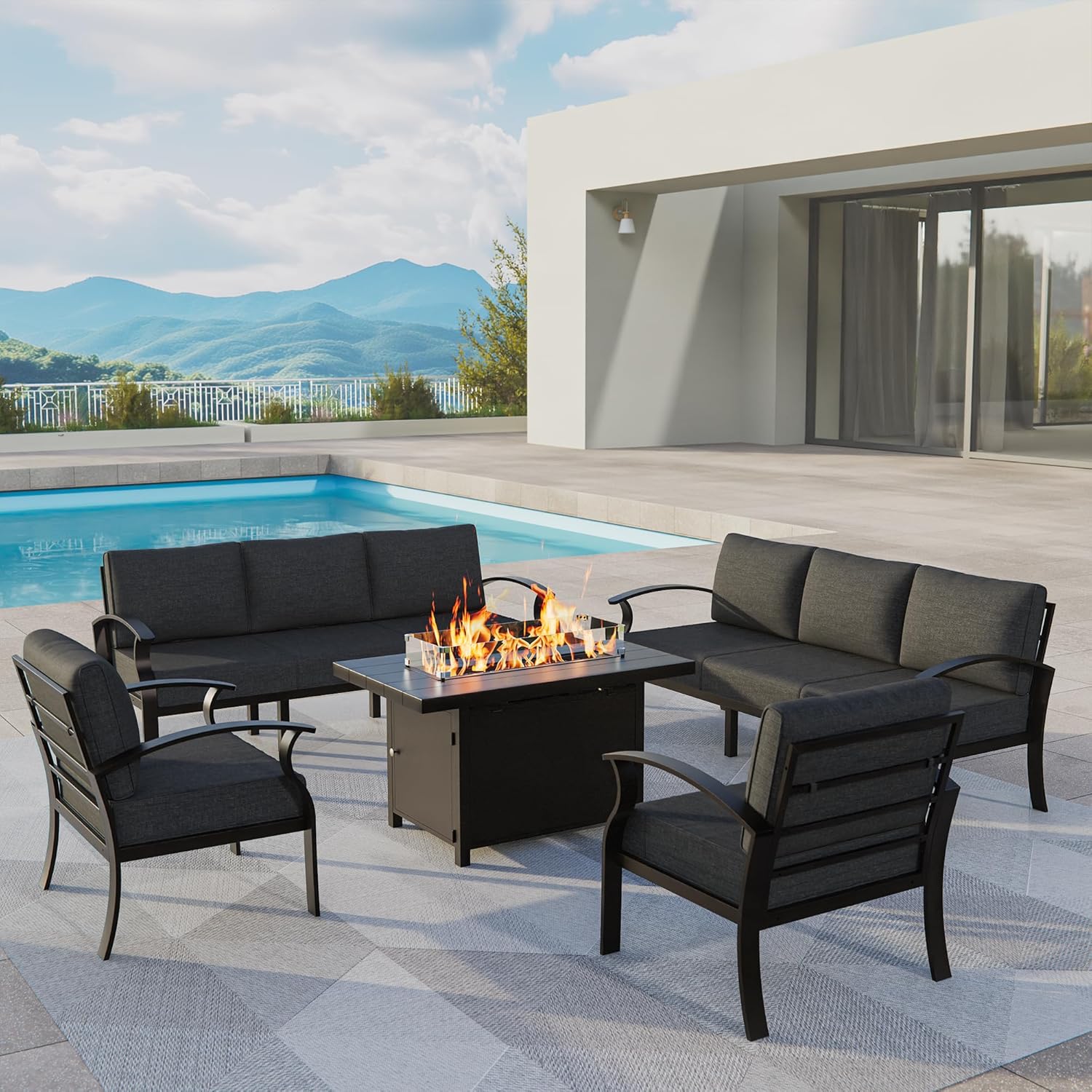 ALAULM Aluminum Patio Furniture Set with Propane Fire Pit Table 8-seat Metal Outdoor Furniture w/Fire Pit Patio Conversation Set w/5.1