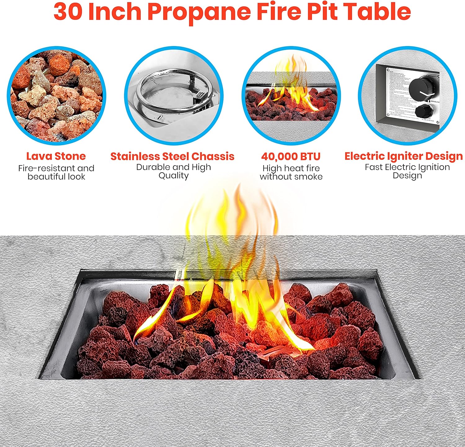 Outdoor Propane Fire Pit Table-CSA/ETL Certified Safe 40,000BTU Pulse Ignition Weatherproof Square Propane Gas Fire Table -Adjustable Flame,Thermocouple-PVC Cover, Lava Rock-SLFPCN42.5