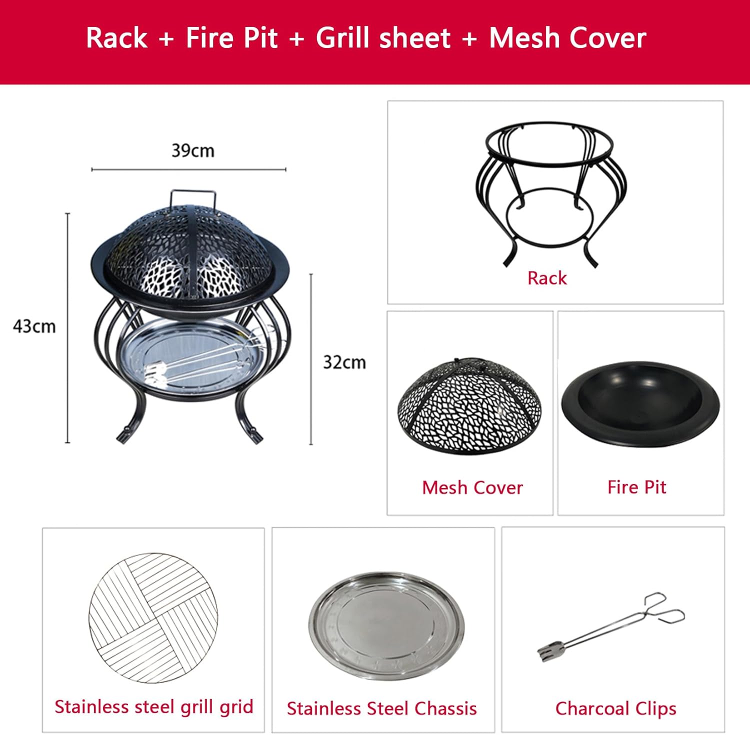 Iron Fire Pit,Patio Heater,BBQ Grill,with Charcoal Clips and Spark Guard,Safe and Stable,for Camping,Campfires,Warmth,Small/Large (Small)