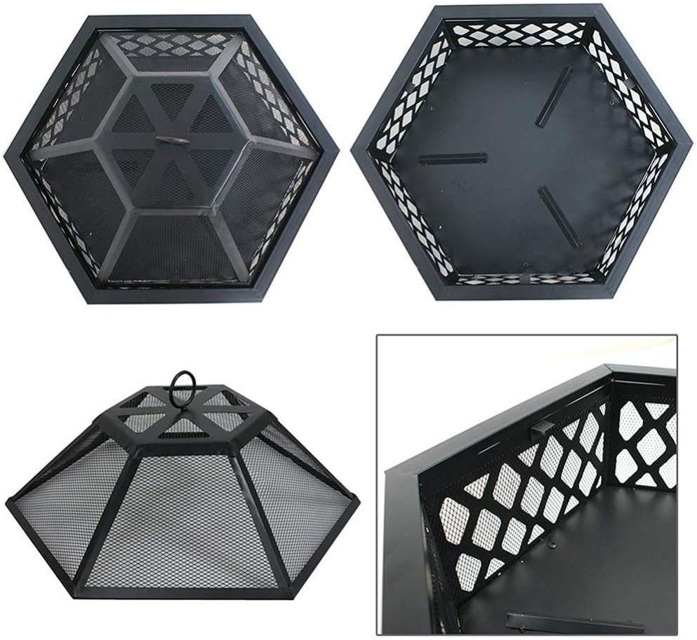 Portable Metal Fire Pit Hexagon Design Fireplace Stove,with Mesh Screen Cover Fireplace Stove Wood Burning,for Picnic Bonfire Patio