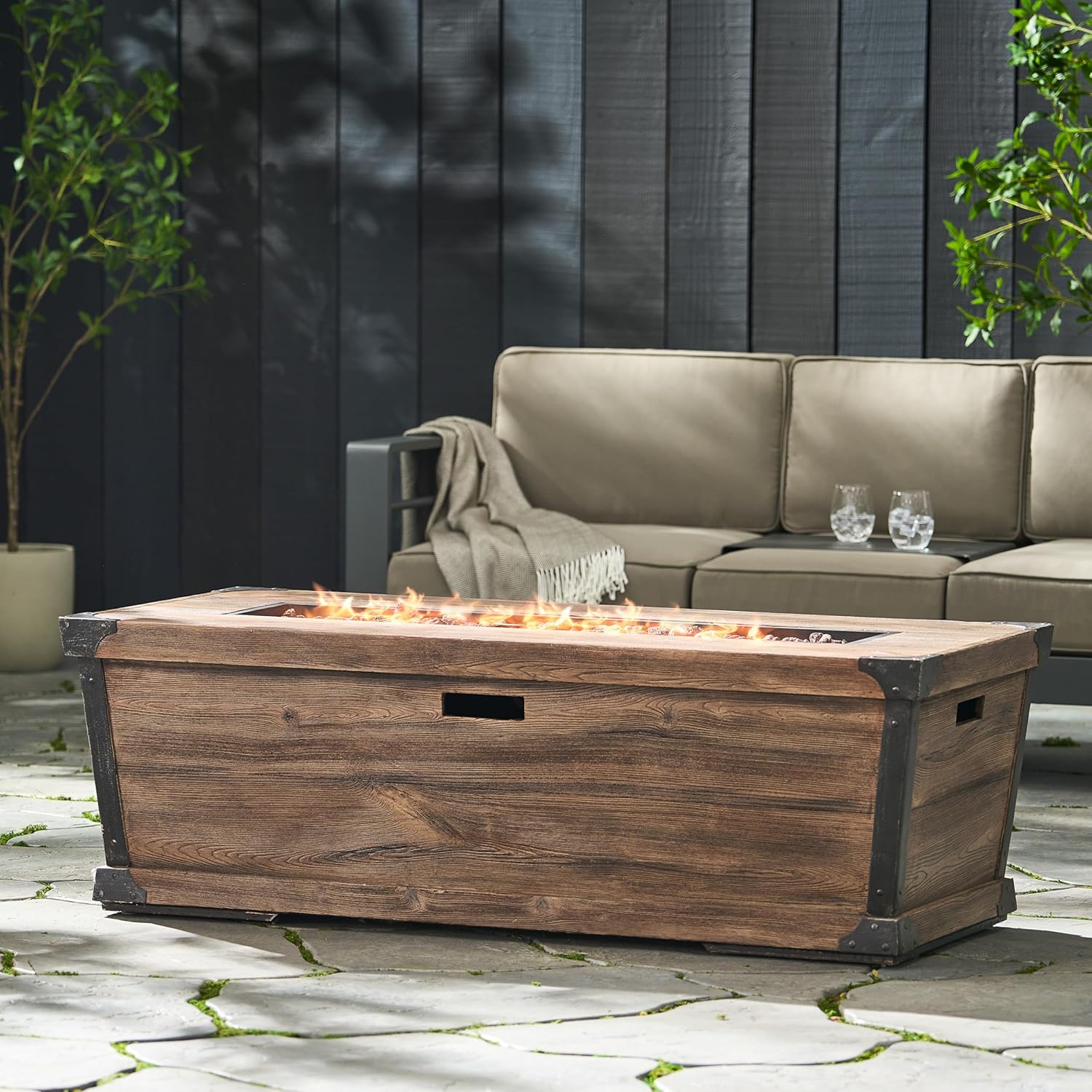 GOWE Outdoor Patio Concrete Fire Table, Rectangle Gas Burning 56-Inch Fire Pit - 50,000 BTU, Wood Pattern Fire Table, Brown (Tank Cover not Included)