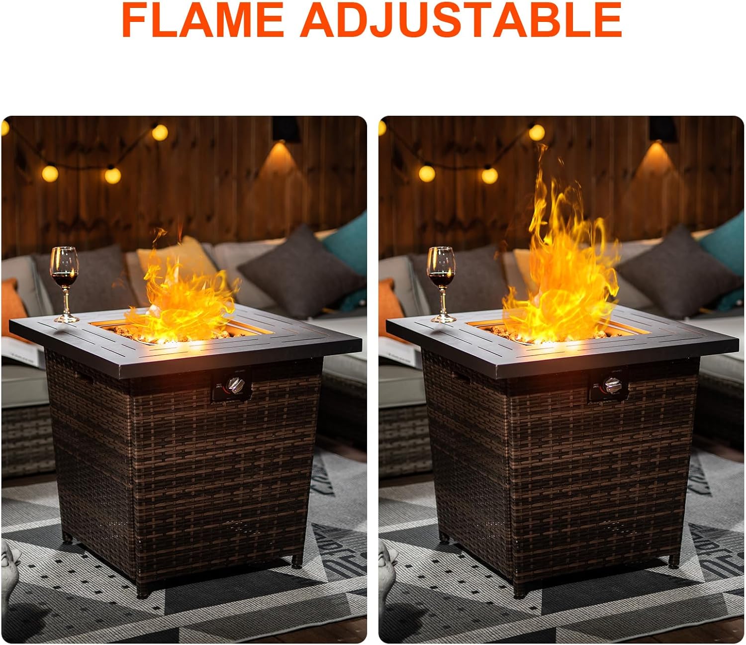 28inch Wicker Square Fire Pit Table, 40,000 BTU Outdoor Wicker Patio Propane Firepit Steel Tabletop, Brown