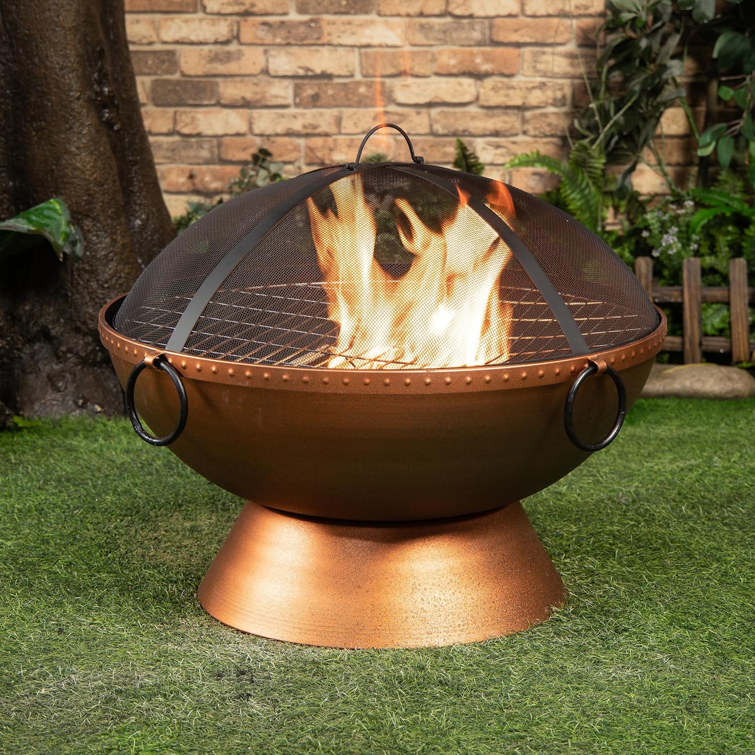 31 Inch Round Wood Burning Steel Fire Pit with Spark Screen - Outdoor Firebowl with Log Poker - Heavy Duty and Portable Firepit with Handles - Fire Bowl for Patio Camping Backyard