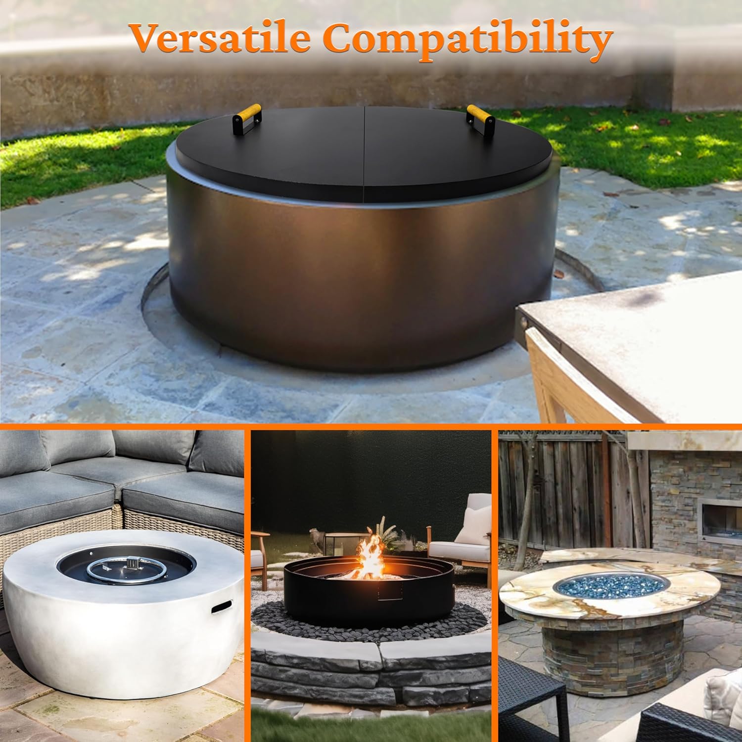 42” Fire Pit Cover Lid Round - Fit for 40” Round Fire Pit Lid for Outdoor Fireplace Cover Lid Steel fire pit metal cover W/ 2 Wooden Handles & Heat Resistant Snuffer Lid for Patio Fire Pit Ring