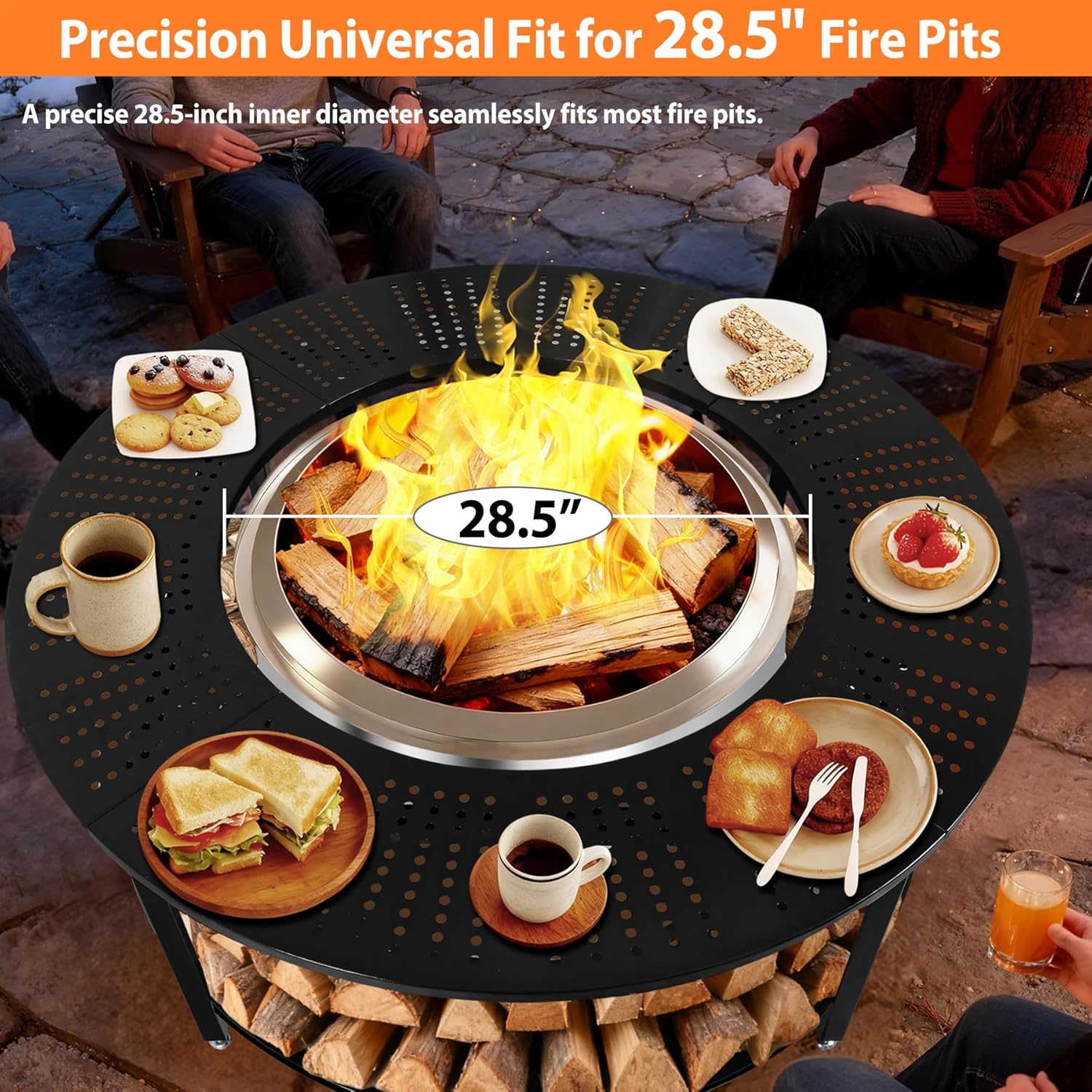 48.5 Inch Universal Fire Pit Surround Tabletop for Solo Stove Yukon & Tiki 27.5, Outdoor Patio Stand with Firewood Storage Shelf, Heavy Duty Steel, 200LB Capacity