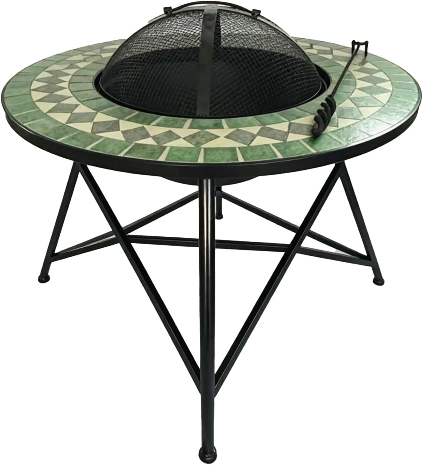 Mosaic Tile Fire Pit with Stand, Outdoor Garden Patio Heater, Blue and White Pattern, Metal Frame, Two-Tier Design (Color on The Picture)