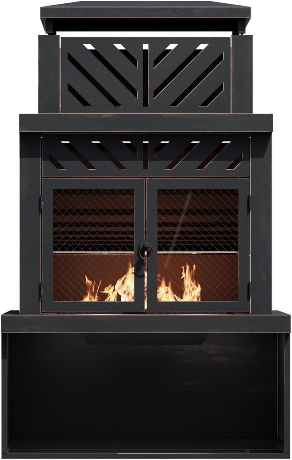 Outdoor Fireplace with Chimney and Wood Storage, Metal Wood Burning Fire Pit with Heat Resistant Gloves, Fire Poker and Grill Mesh, Outside Fireplace for Patio, Garden and Deck, Black