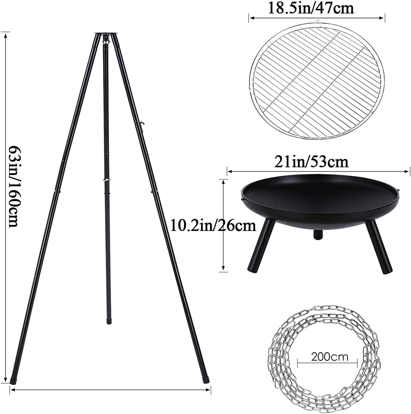 Camping Fire Pit Portable, Outdoor Height-Adjustable Hanging Tripod with Stainless Steel Barbecue Net and Charcoal Barbecues Grill Tall Garden Patio Heater for Campfire Cooking Pot Rack black
