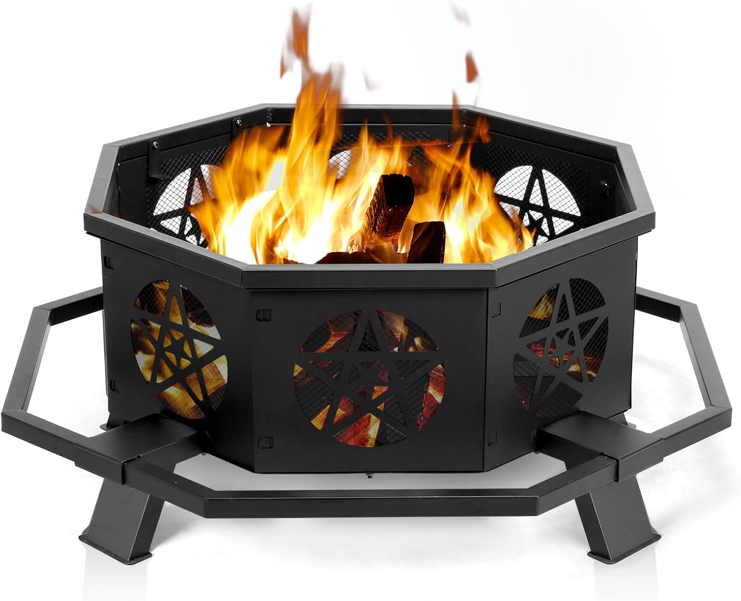 43 Inch Outdoor Fire Pit, Octagonal Alloy Steel Fire Bowl with Ventilation Bottom, Cutout Wall for Better Airflow, 4 Riser Protection, Foot Pedals, and Poker for Patio, Backyard, and Garden Bonfires