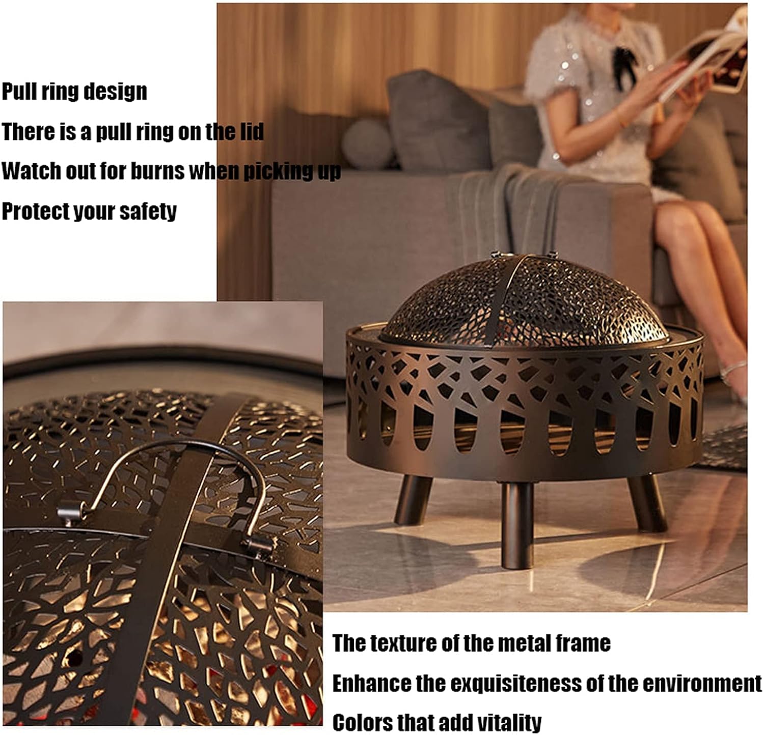 Metal Wood Burning Fire Bowl with Poker/Charcoal Grid/Mesh Cover, Sleek Outdoor Fire Pit for Garden Patio Heater, BBQ Grill, Camping, Bonfire, Party