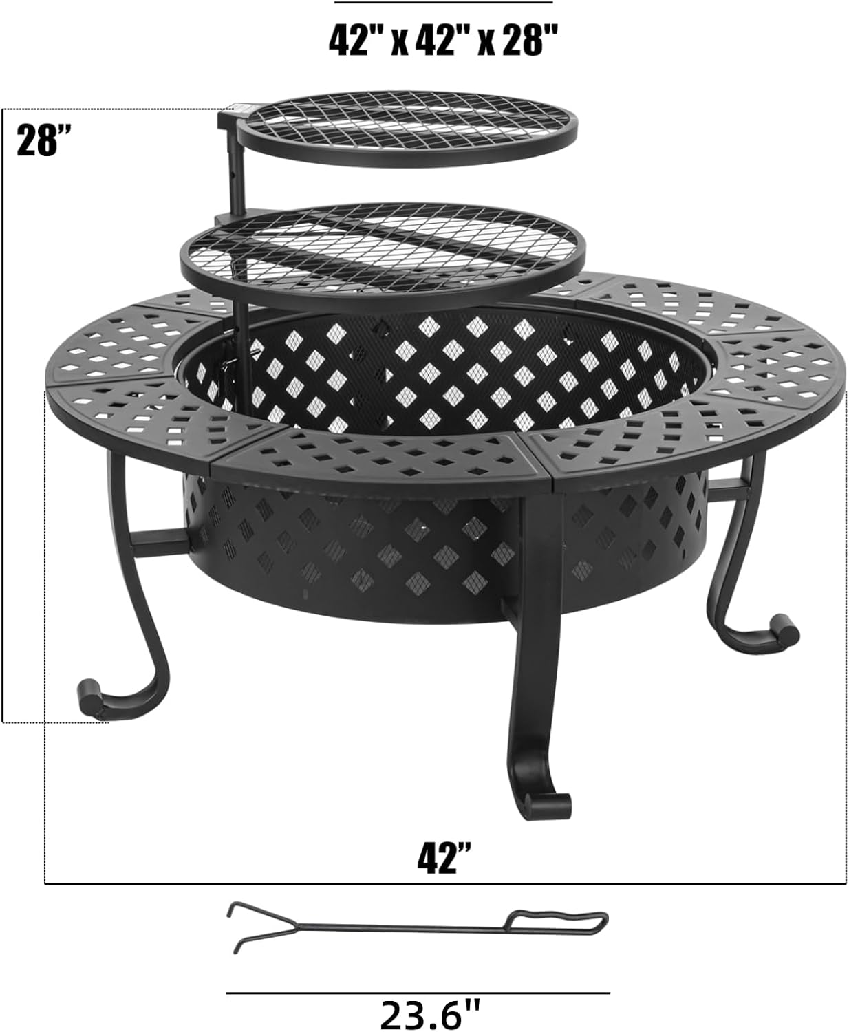 42 Inch Fire Pit with 2 BBQ Grills, Wood Burning Fire Pits for Outside with Lid & Fire Poker, BBQ& Outdoor Firepit & Round Metal Table 3 in 1 for Patio, Picnic, Party