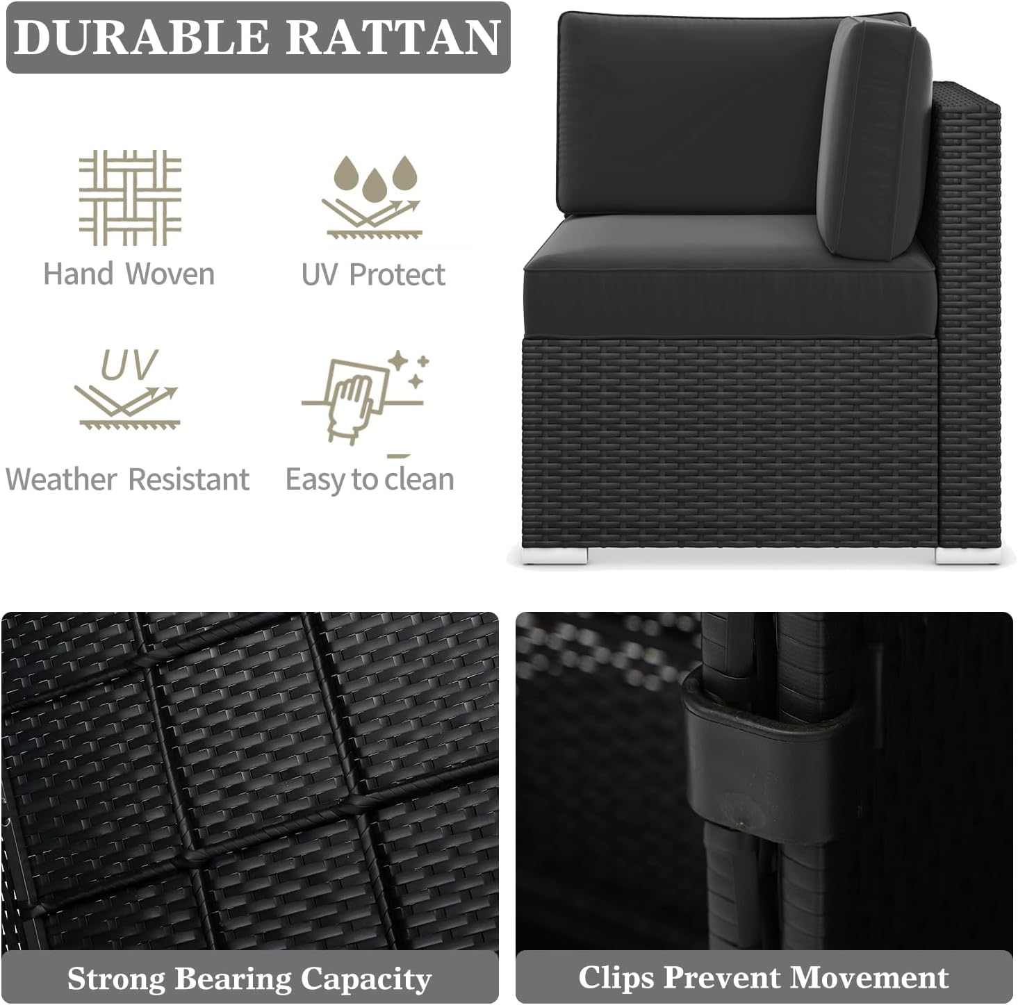 LayinSun 15 Pieces Patio Furniture Set with Fire Pit Table, Black Rattan Modular Sectional Outdoor Conversation Sofa Set, Swivel Rocking Chairs Set