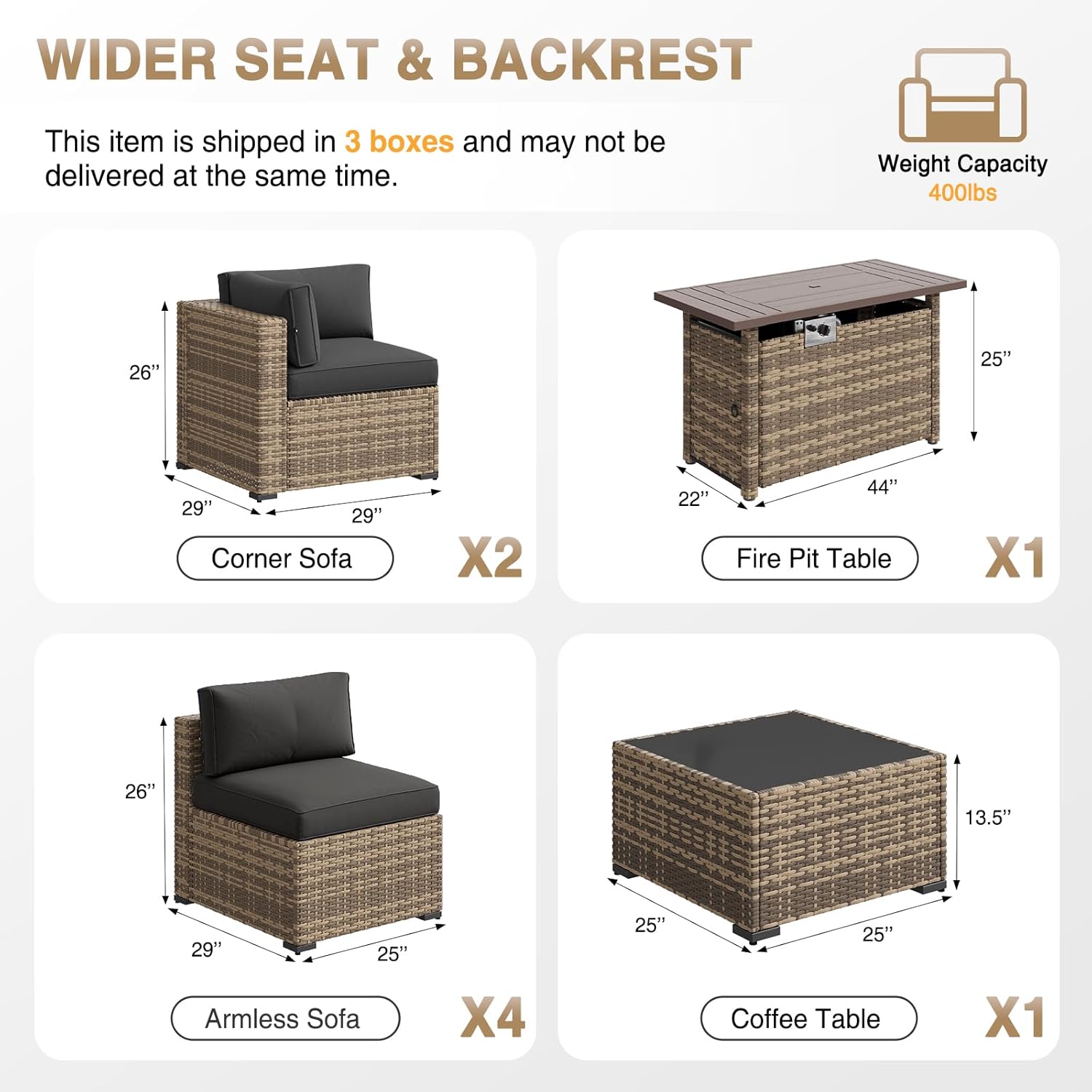 Aoxun Patio Furniture Sets, 8-Piece Outdoor Patio Furniture with 44'' Propane Gas Firepit Table, Wicker Outdoor Conversation Set Sectional Sofa for Backyard, Poolside, Garden (Black Cushion)