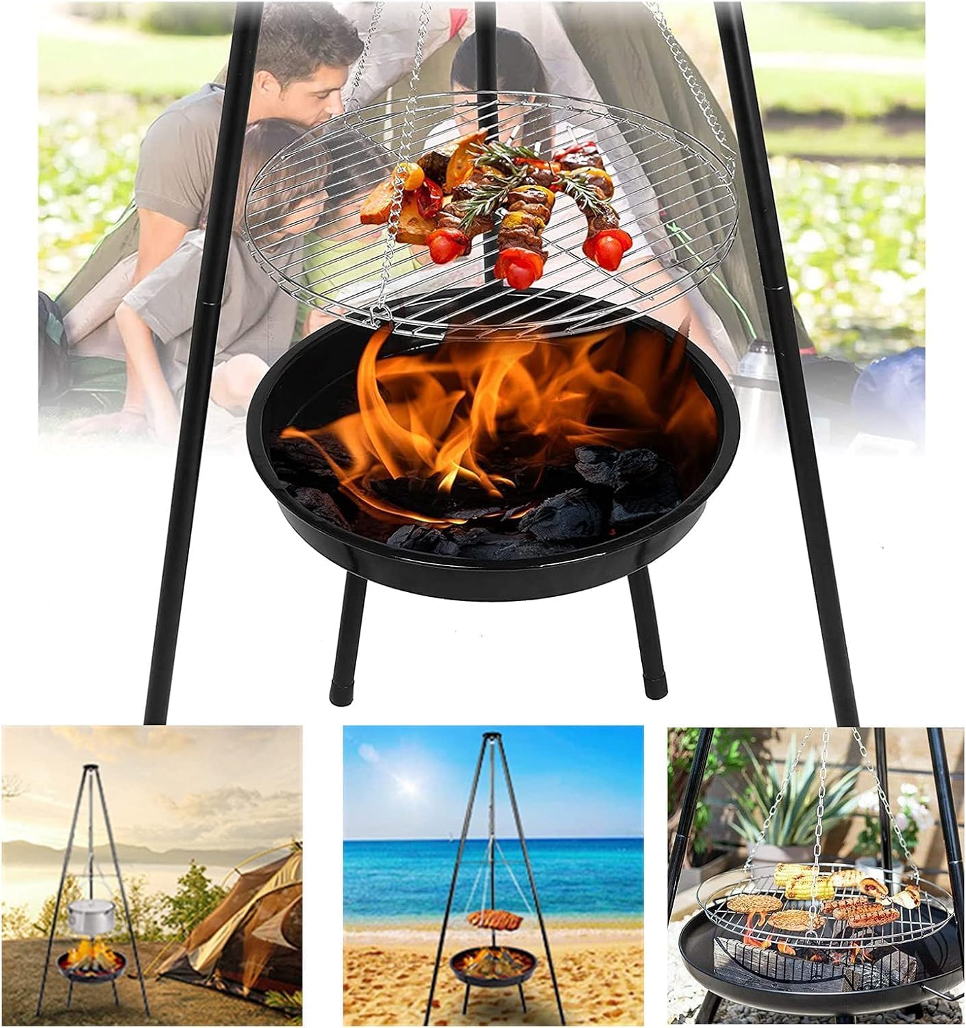 Camping Fire Pit Portable, Outdoor Height-Adjustable Hanging Tripod with Stainless Steel Barbecue Net and Charcoal Barbecues Grill Tall Garden Patio Heater for Campfire Cooking Pot Rack black