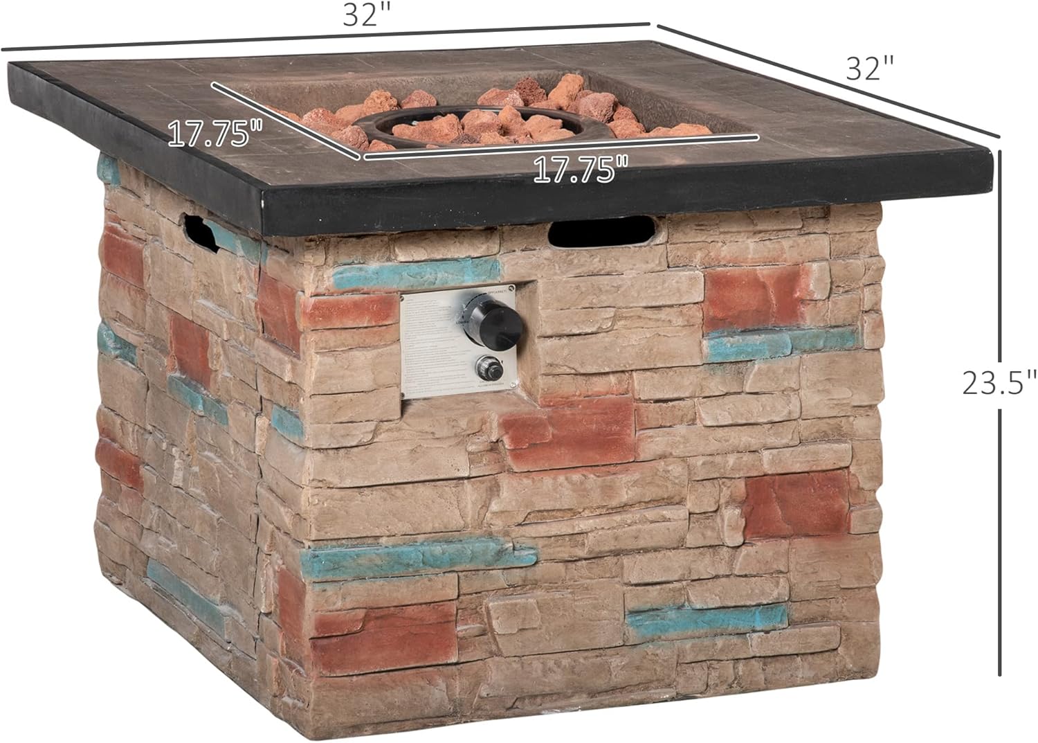 32 Inch Outdoor Propane Gas Fire Pit Table, 50,000 BTU Auto Ignition Square Faux Ledge Stone Gas Firepit with Lava Rocks and Rain Cover, Brown