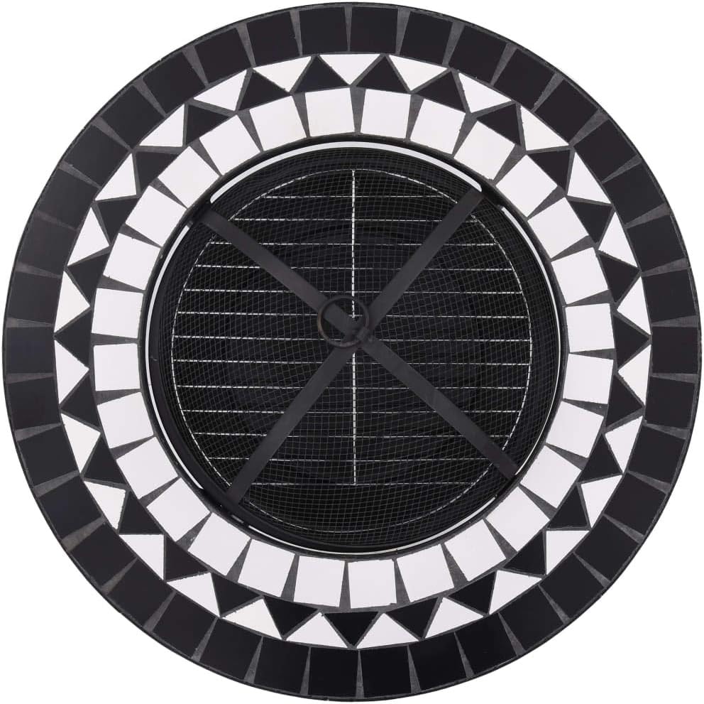 Multifunctional Fire Pit Table, Patio Decorative Table, Round Table for Camping, Outdoor Heating, Campfire and Picnic,Mosaic Fire Pit Table Black and White 26.8