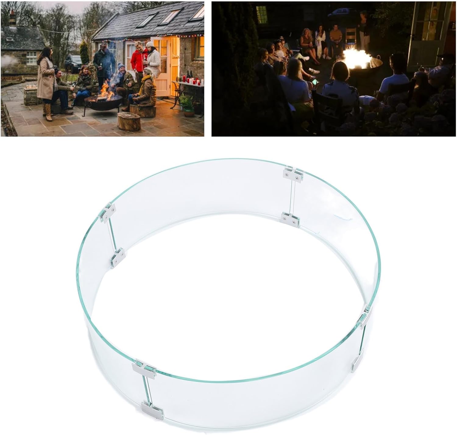 GOTOTOP Fire Pit Guard Round Tempered Glass Flame Windscreen, Clear Round Fire Pit Wind Guard 650mm Diameter 6mm Thickness, 4 Panels with 12 Clips