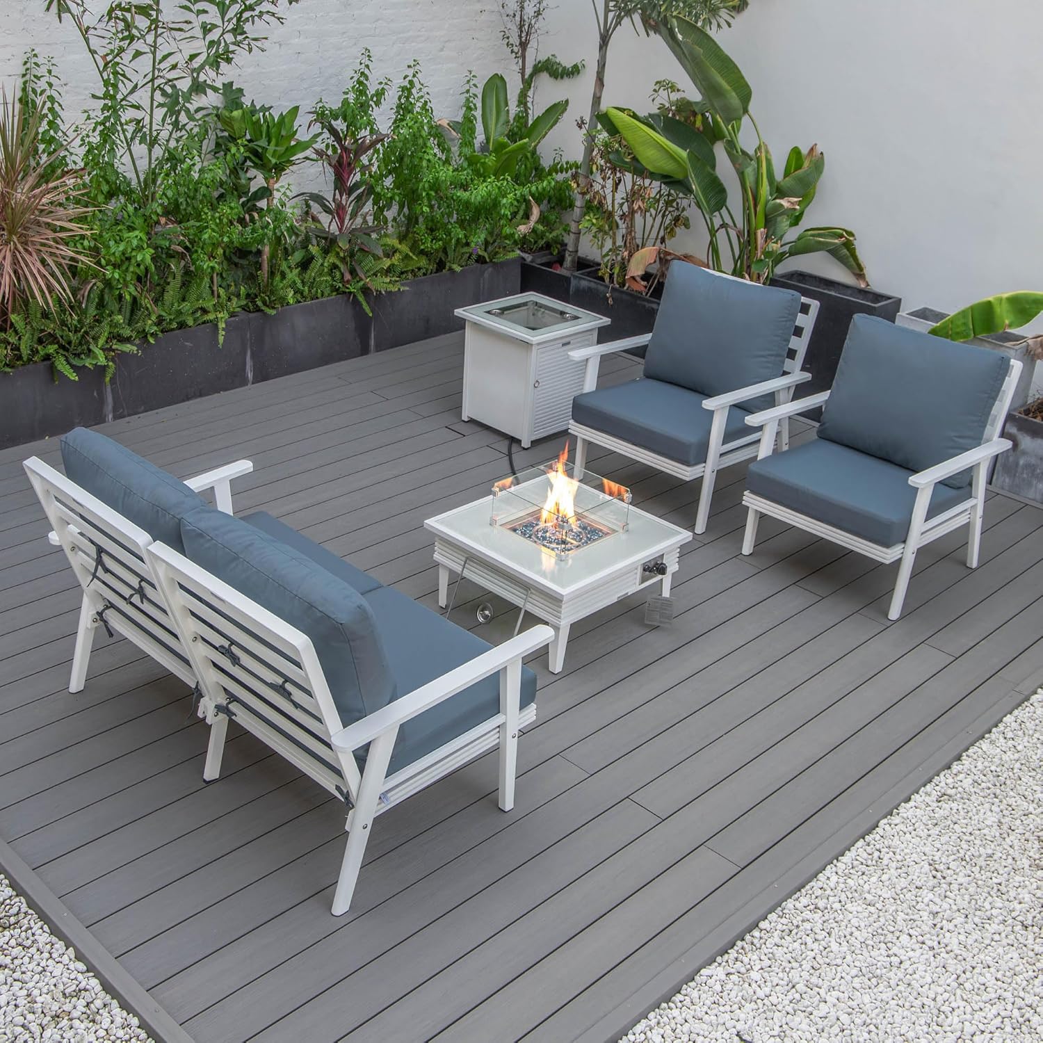 LeisureMod Walbrooke Modern Aluminum 5-Piece Patio Conversation Set with Outdoor Square Fire Pit Table with Slats Design & Side Table Tank Holder (Navy Blue)
